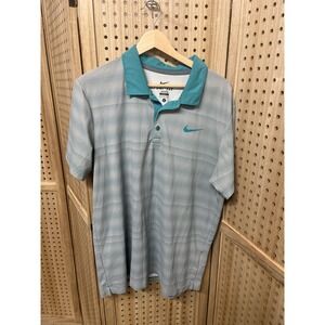 Nike Dri-FIT Mens Golf Polo Shirt Grey Teal Dotted Stripe Short Sleeve Large